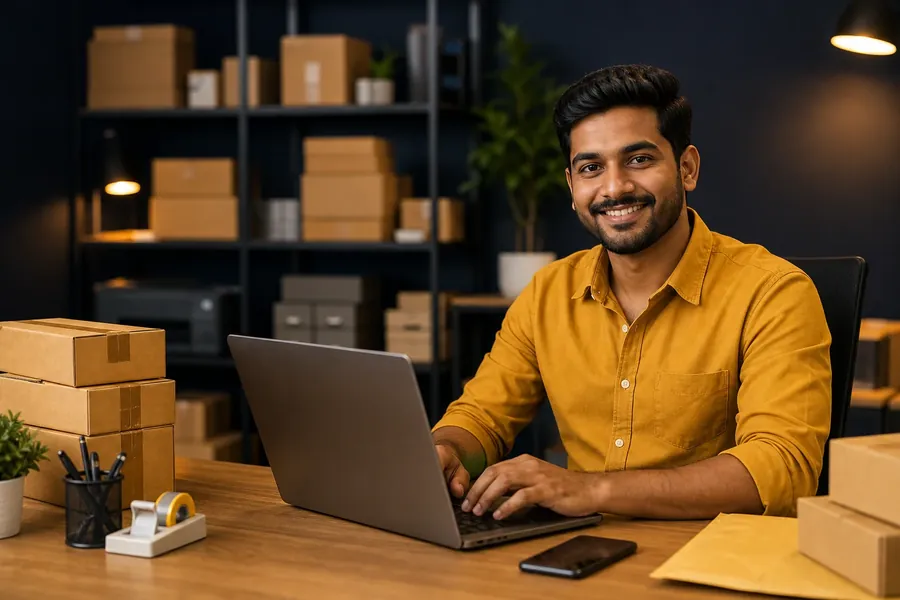 Indian ecommerce seller smiling while working on a laptop